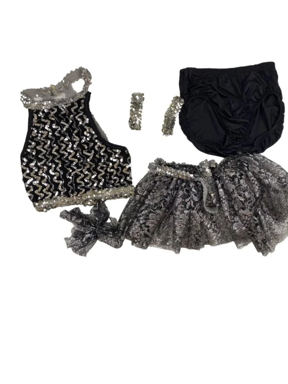 Curtain Call Girls Dance Costume Black Silver Sequin Jazz Tap Recital 3 Pc Small
